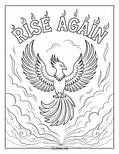 Coloriage de motivation pour enfants : Un phénix déploie ses ailes avec « Rise Again » en arc au-dessus