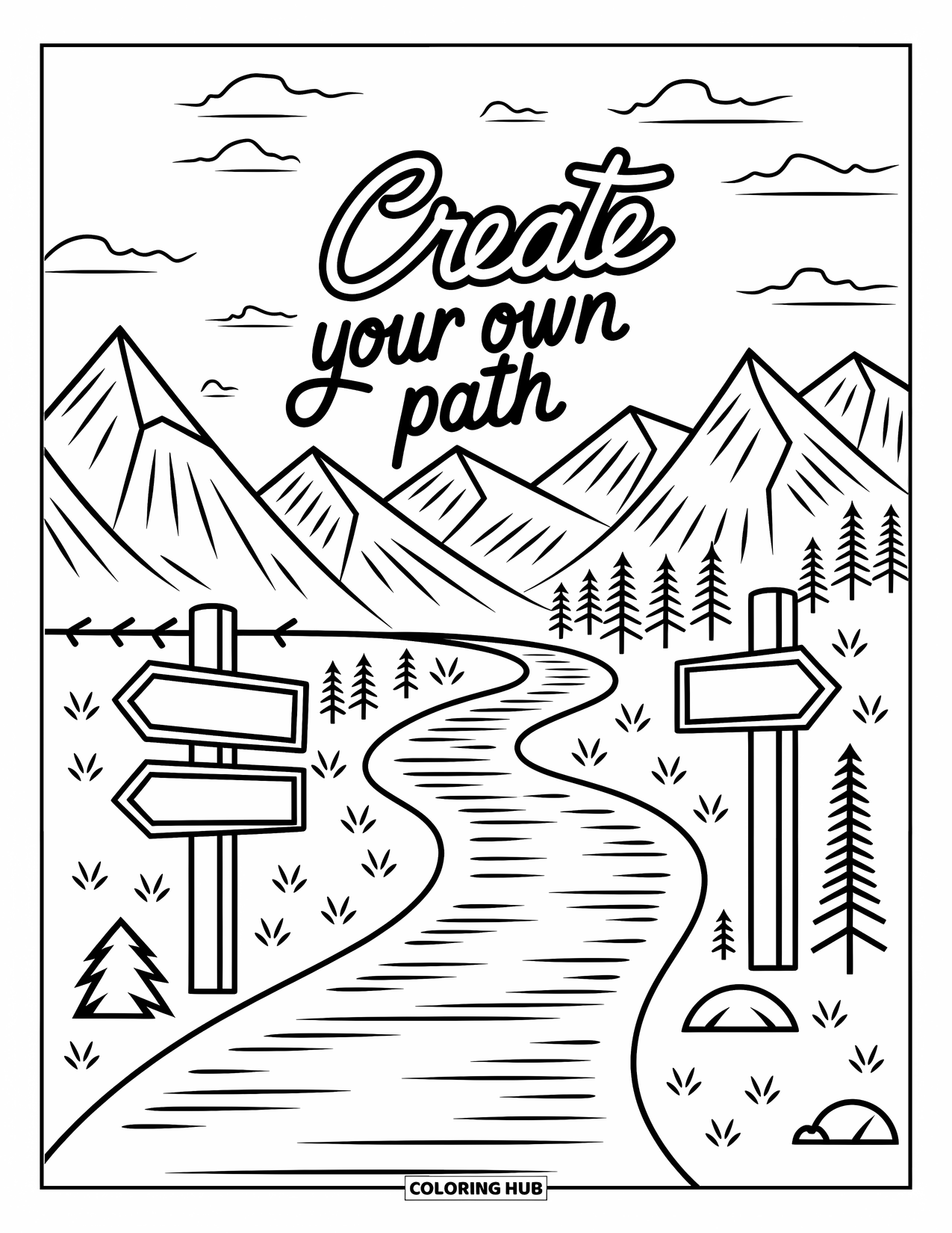 Motivational Coloring Page for Kids: A scenic trail winds under "Create Your Own Path" with mountains ahead
