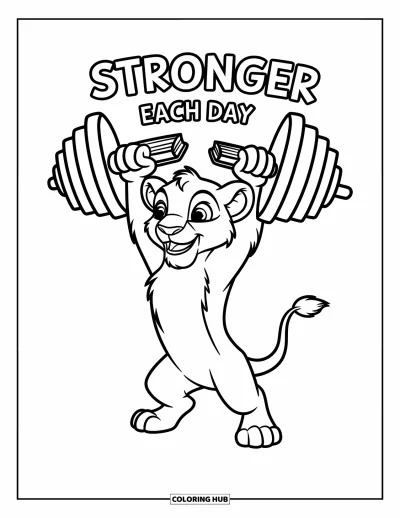 Coloriage de motivation pour enfants : Un lion robuste brandit un livre avec « Stronger Each Day » qui rayonne au-dessus