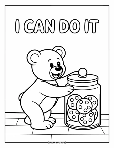 Coloriage de motivation pour enfants : Un nounours tend la patte vers des biscuits sous les mots « I Can Do It »
