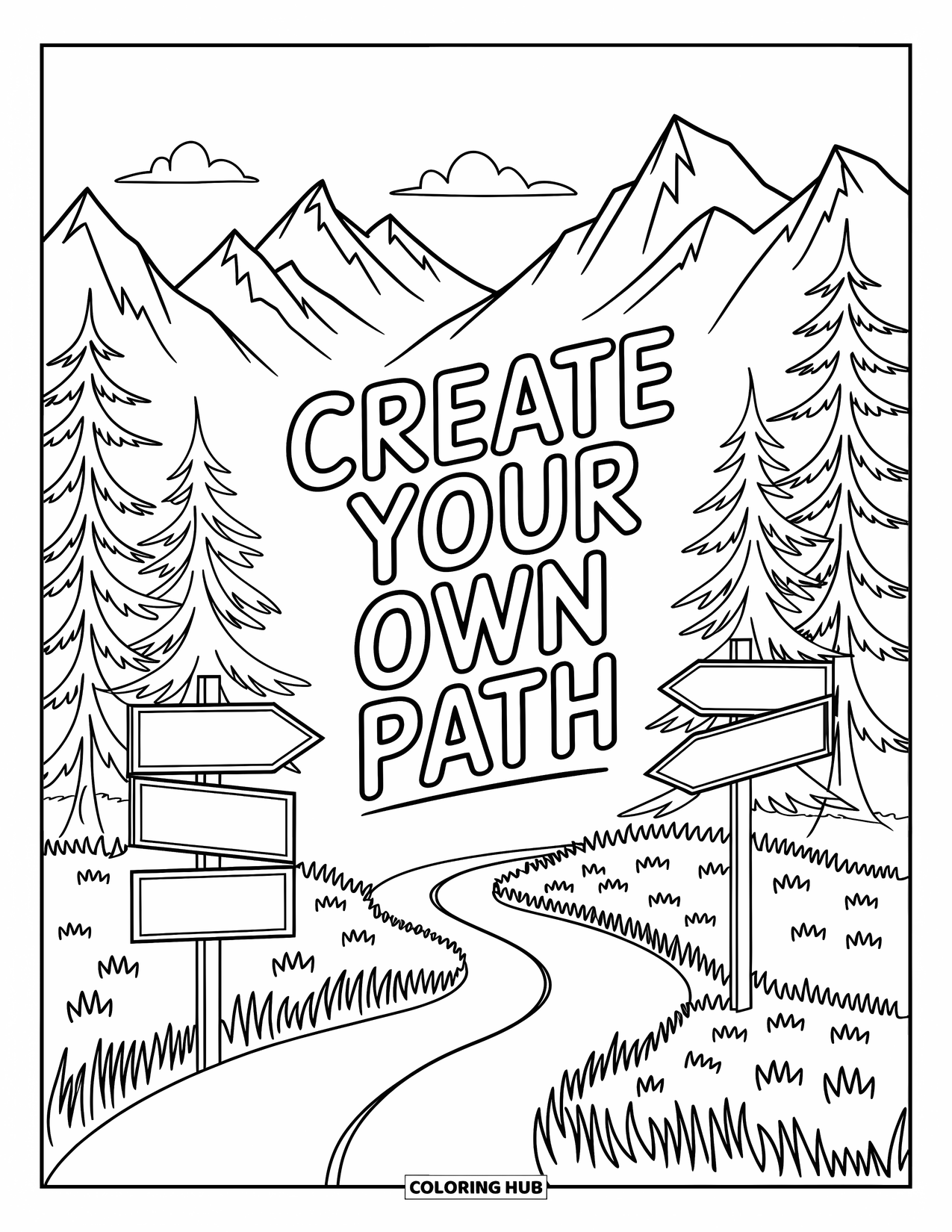 Motivational Coloring Page for Kids: A winding trail leads past signs with "Create Your Own Path"