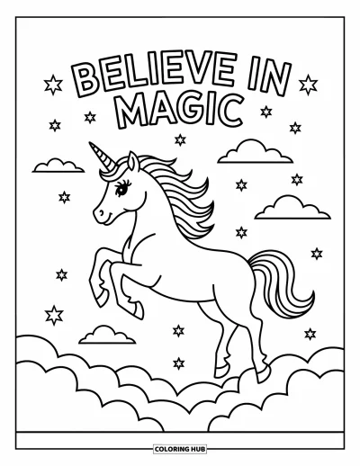 Coloriage de motivation pour enfants : « Believe in Magic » flotte au-dessus d'une licorne et de nuages duveteux