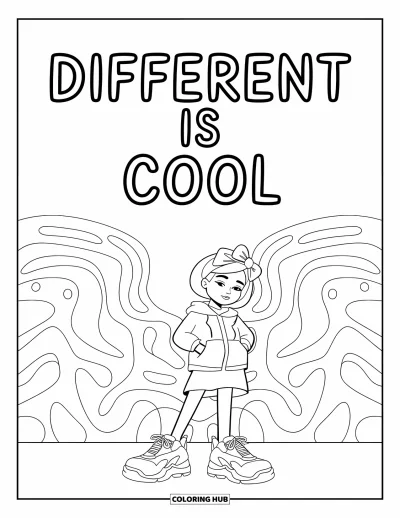 Coloriage de motivation pour enfants : « Different is Cool » brille au-dessus d'un personnage sûr de lui en chaussures dépareillées