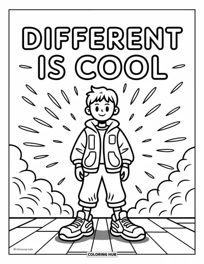 Coloriage de motivation pour enfants : Des chaussures dépareillées et un texte en gras affichent « Different is Cool » avec un charme plein d'humour