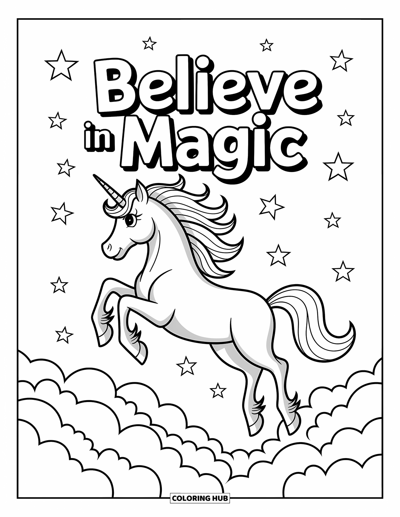 Motivational Coloring Page for Kids: Stars and clouds surround a unicorn leaping under "Believe in Magic"