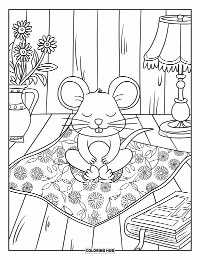 Coloriage de souris pour adultes : Une souris sereine médite sur un édredon fleuri, à côté d'une lampe et d'un petit livre