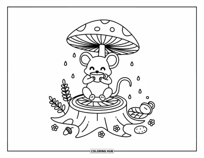 Coloriage de souris pour adultes : Une souris douillette savoure son thé sur une souche pendant que des gouttes de pluie tombent du chapeau d'un champignon