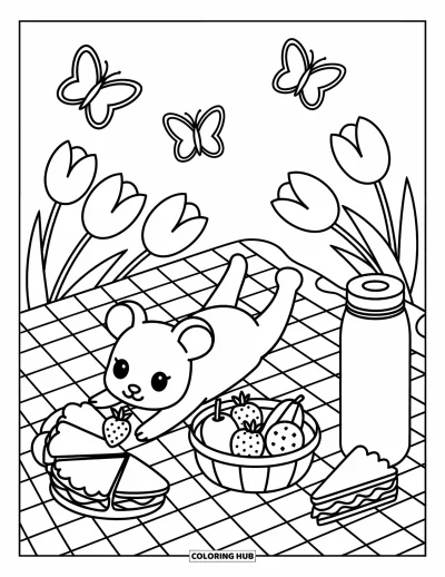 Coloriage de souris pour adultes : Une souris bien au chaud attrape des fruits sur une couverture de pique-nique avec une tarte, un thermos et des fleurs
