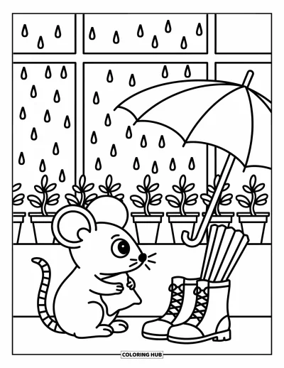 Coloriage de souris pour adultes : Une souris douillette regarde par la fenêtre sous la pluie, entre des plantes en pot et des bottes