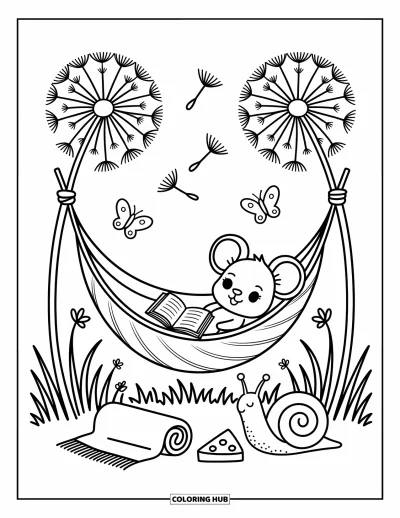 Coloriage de souris pour adultes : Une souris détendue se prélasse dans un hamac et lit près d'un fromage, d'une couverture et de papillons
