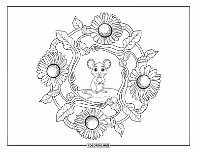 Coloriage de souris pour adultes : Une souris curieuse assise sur un rocher est entourée de lierres tourbillonnants et de tournesols en fleur