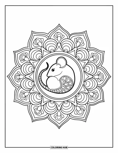 Coloriage de souris pour adultes : Une souris pelotonnée dort au centre d'un mandala aux motifs raffinés