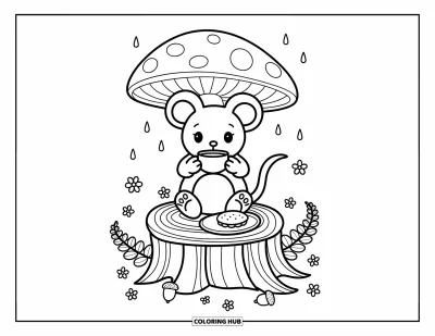 Coloriage de souris pour adultes : Une petite souris sirote du thé sous un champignon tandis que des fleurs et des glands parsèment la forêt