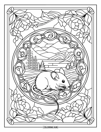 Coloriage de souris pour adultes : Une petite souris est assise parmi des roses et des lianes avec un paysage de montagne en arrière-plan