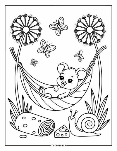 Coloriage de souris pour adultes : Une petite souris se balance dans un hamac fait d'une feuille, avec du fromage et des papillons à proximité