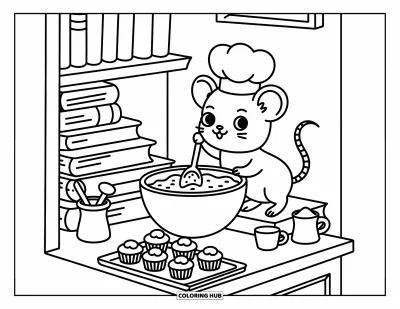 Coloriage de souris pour adultes : Une souris cuisinière en équilibre sur des livres prépare des cupcakes dans une cuisine accueillante