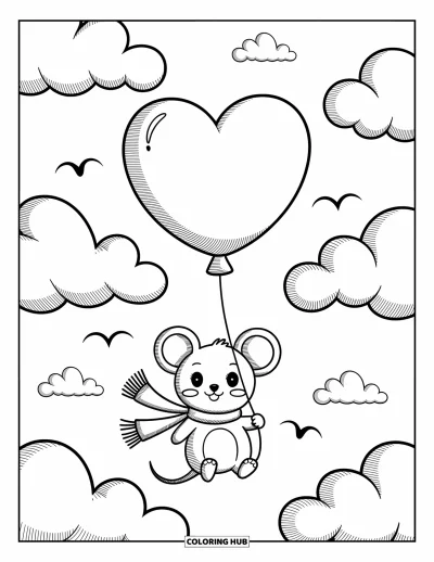 Coloriage de souris pour adultes : Une souris s'accroche à un ballon en forme de cœur et s'envole parmi les nuages avec des oiseaux dans le ciel
