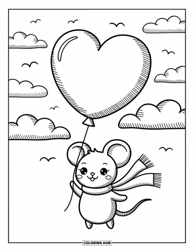 Coloriage de souris pour adultes : Une souris dérive parmi de moelleux nuages avec un ballon en cœur et une écharpe qui voltige