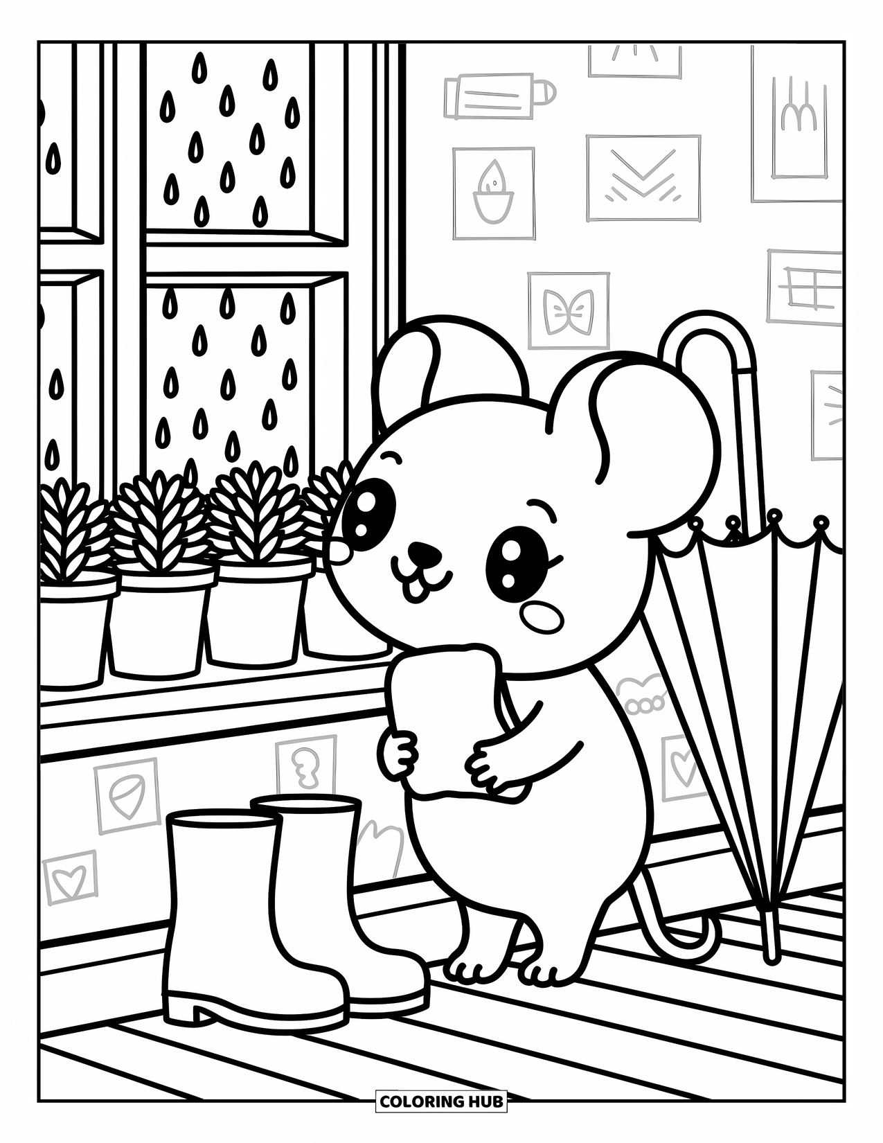 Mouse Coloring Page for Adults: A mouse hugs a pillow by the window, watching the rain beside seedlings and boots