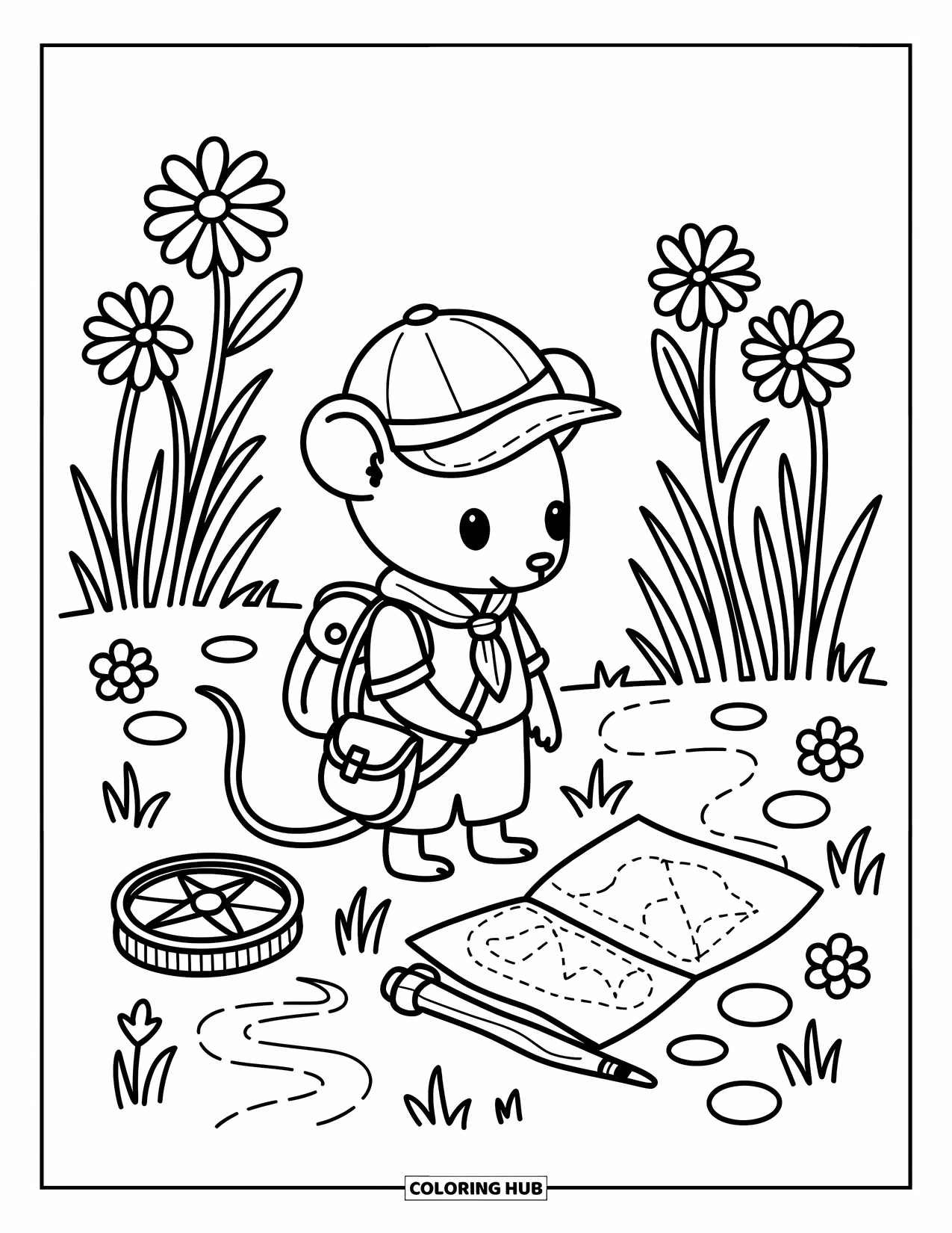 Mouse Coloring Page for Adults: A mouse in a meadow reads a map, with a compass, flowers, and trails nearby