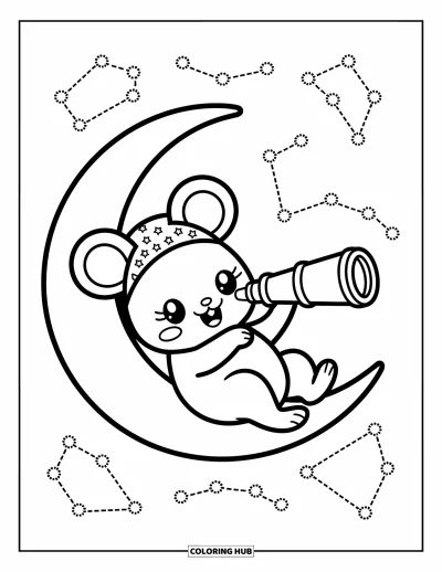 Coloriage de souris pour adultes : Une souris en bonnet de nuit se prélasse sur la lune et observe les étoiles avec un petit télescope