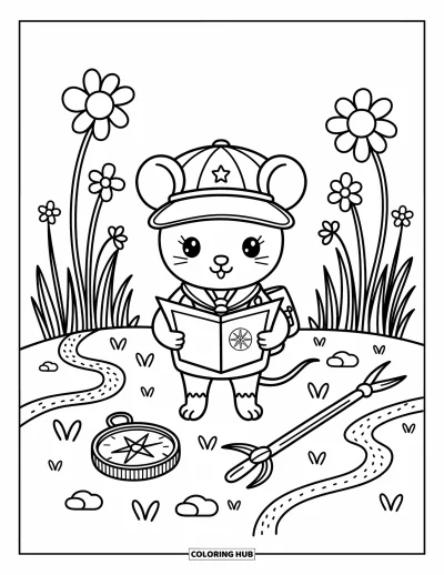 Coloriage de souris pour adultes : Une souris en casquette de scout étudie une carte dans une prairie remplie de trèfles