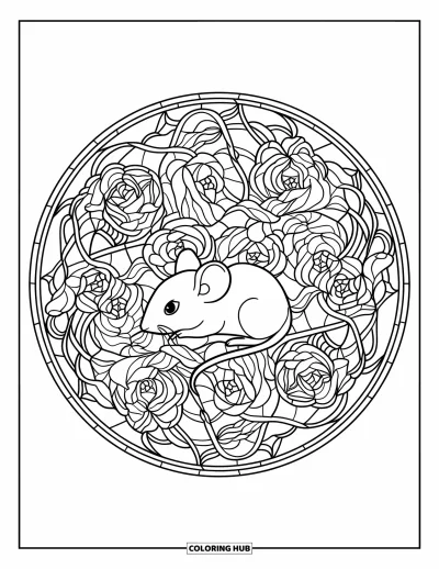 Coloriage de souris pour adultes : Une souris est nichée dans un vitrail rond composé de roses et de lianes entrelacées