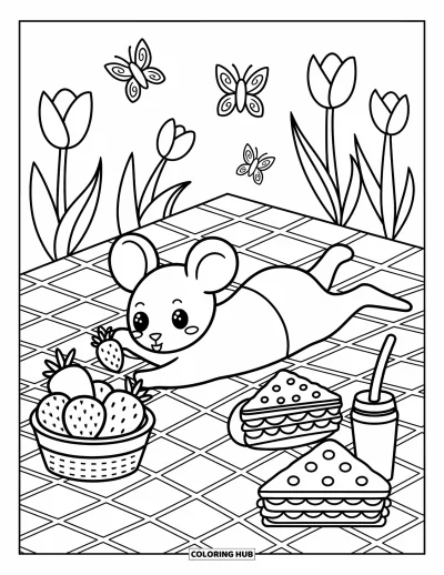 Coloriage de souris pour adultes : Une souris allongée sur une couverture tend la main vers des fraises près d'une tarte, de tulipes et de papillons