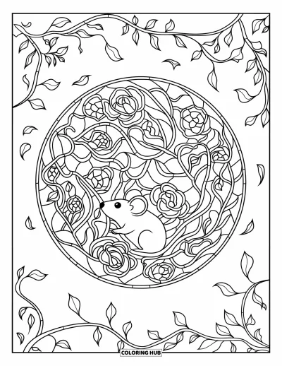 Coloriage de souris pour adultes : Une souris sur une branche lève les yeux vers des roses et des lianes détaillées dans un cadre circulaire