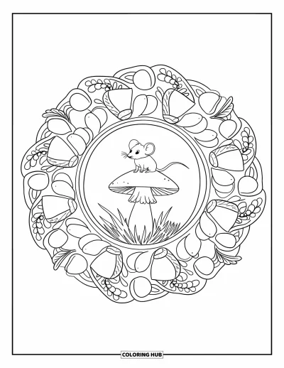 Coloriage de souris pour adultes : Une souris sur un champignon est encadrée par un mandala détaillé de baies et de brindilles