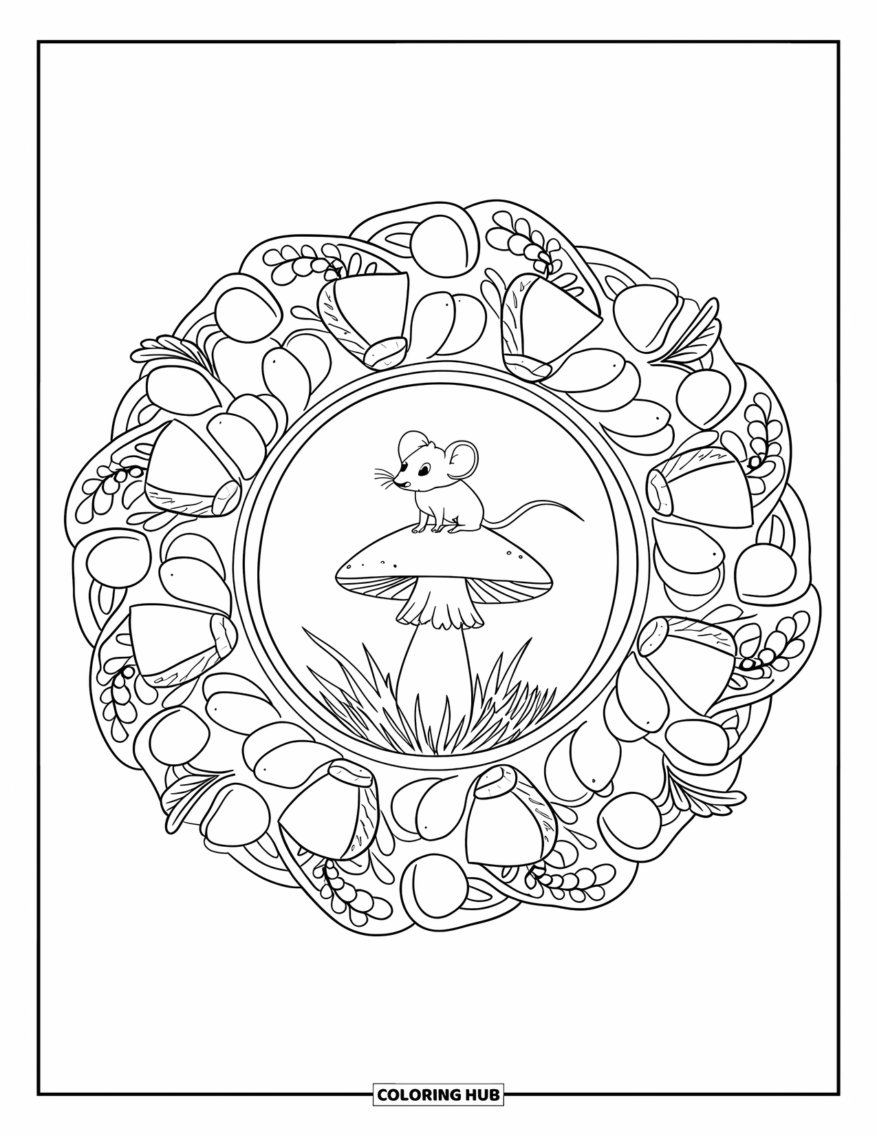 Mouse Coloring Page for Adults: A mouse on a mushroom is framed by a detailed mandala of berries and twigs