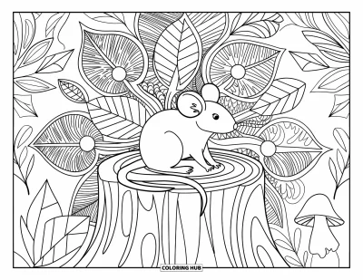 Coloriage de souris pour adultes : Une souris sur une souche est encerclée de détails forestiers dans un motif magnifiquement ouvragé