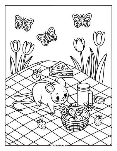 Coloriage de souris pour adultes : Une souris tend la main vers une fraise lors d'un pique-nique, entourée de tartes et de tulipes