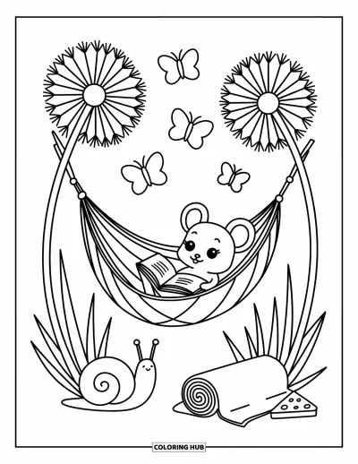 Coloriage de souris pour adultes : Une souris se repose dans un hamac en feuilles parmi des pissenlits, tenant un petit livre ouvert