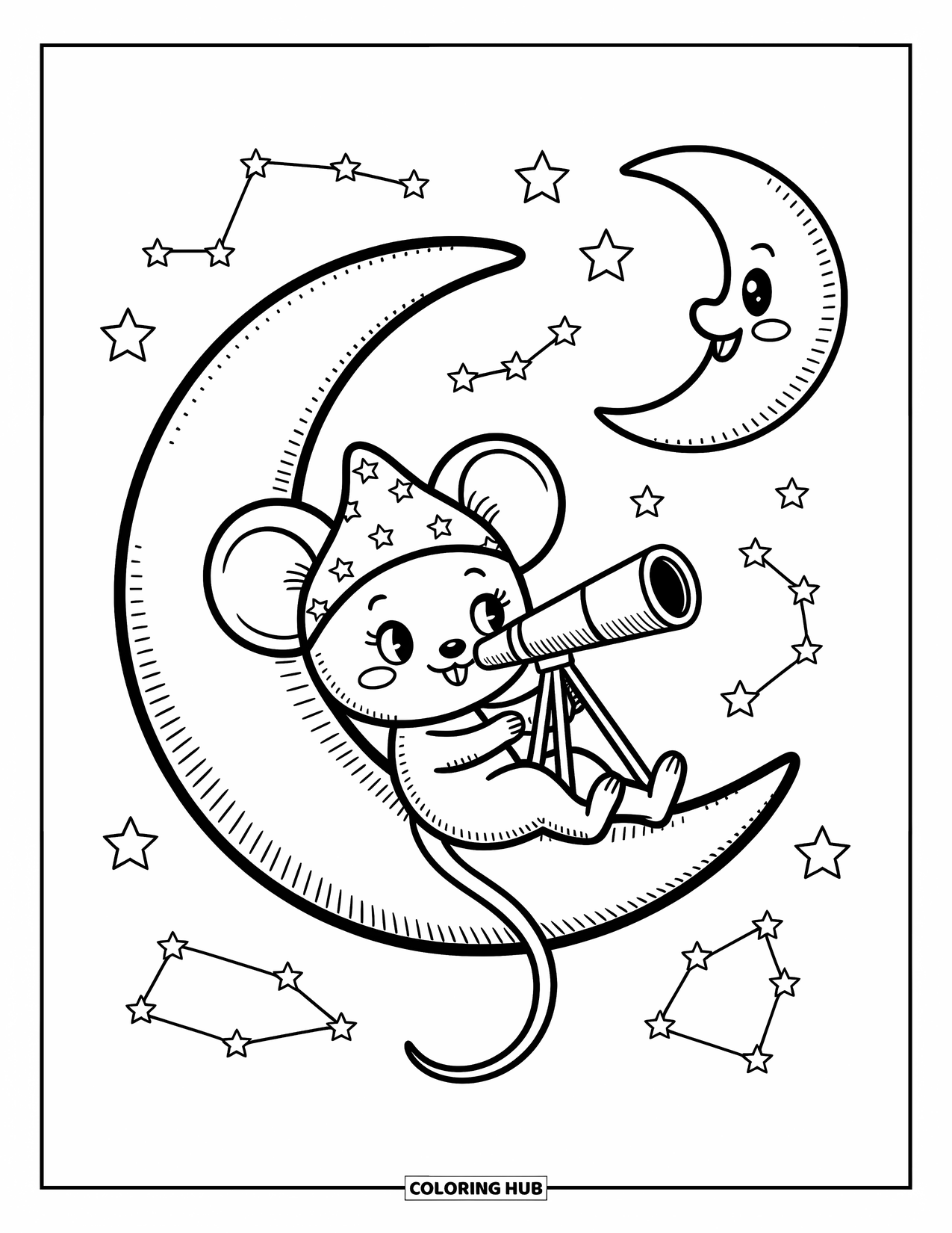 Mouse Coloring Page for Adults: A mouse relaxes on a crescent moon, looking through a telescope at the stars
