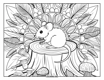 Coloriage de souris pour adultes : Une souris posée calmement sur une souche est entourée de feuilles, d'écorce et de motifs de champignons très détaillés