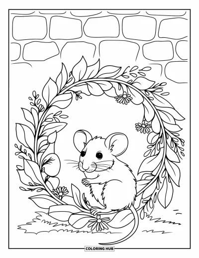 Coloriage de souris pour adultes : Une souris assise sur une branche est intégrée dans une couronne de fleurs et de lianes feuillues