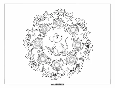 Coloriage de souris pour adultes : Une souris assise sur une feuille lève les yeux parmi des lianes enroulées et de grands tournesols