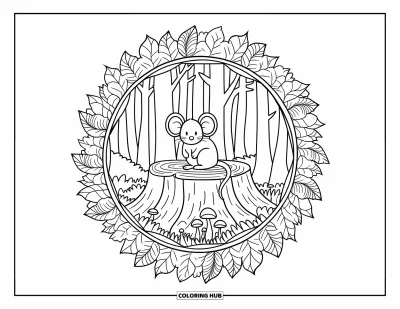 Coloriage de souris pour adultes : Une souris sur une souche est encadrée par des feuilles, des champignons et de grands arbres de la forêt