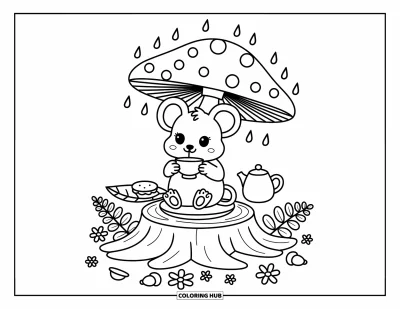 Coloriage de souris pour adultes : Une souris assise sur une souche sirote du thé sous un champignon-parasol sous la pluie
