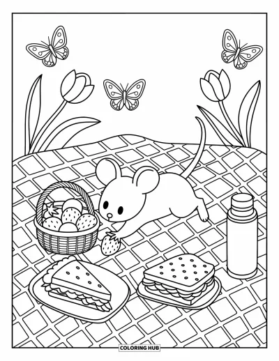Coloriage de souris pour adultes : Une souris grignote des fruits pendant que des papillons voltigent et que des tulipes se balancent autour d'elle