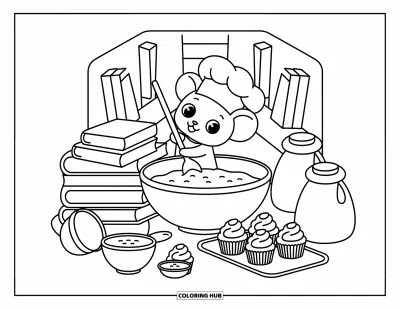 Coloriage de souris pour adultes : Une souris debout sur des livres mélange de la pâte à cupcakes avec de petits ustensiles de pâtisserie éparpillés autour