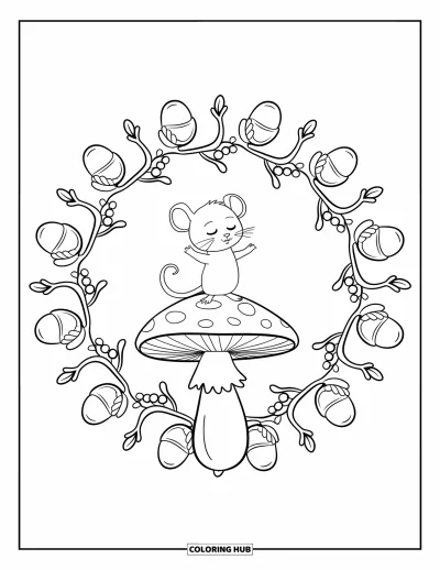 Coloriage de souris pour adultes : Une souris se tient fièrement sur un champignon entourée de glands, de baies et de brindilles tourbillonnantes