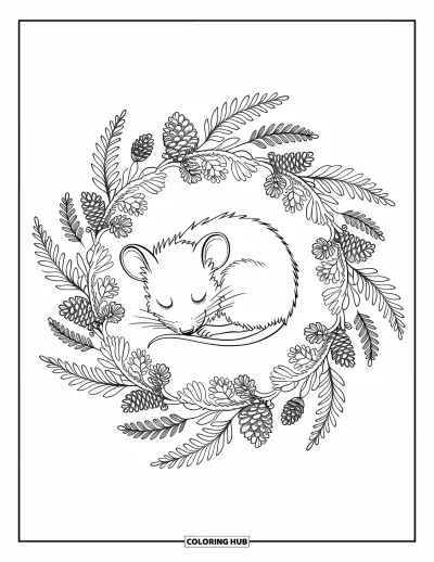Coloriage de souris pour adultes : Une souris endormie se pelotonne dans un mandala de fougères, de pommes de pin et de fleurs sauvages