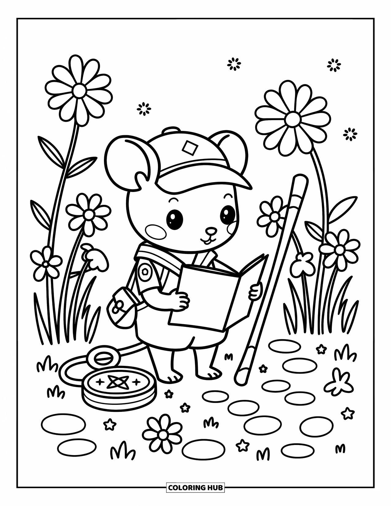 Mouse Coloring Page for Adults: A tiny explorer mouse stands with a map, surrounded by clovers and a walking stick