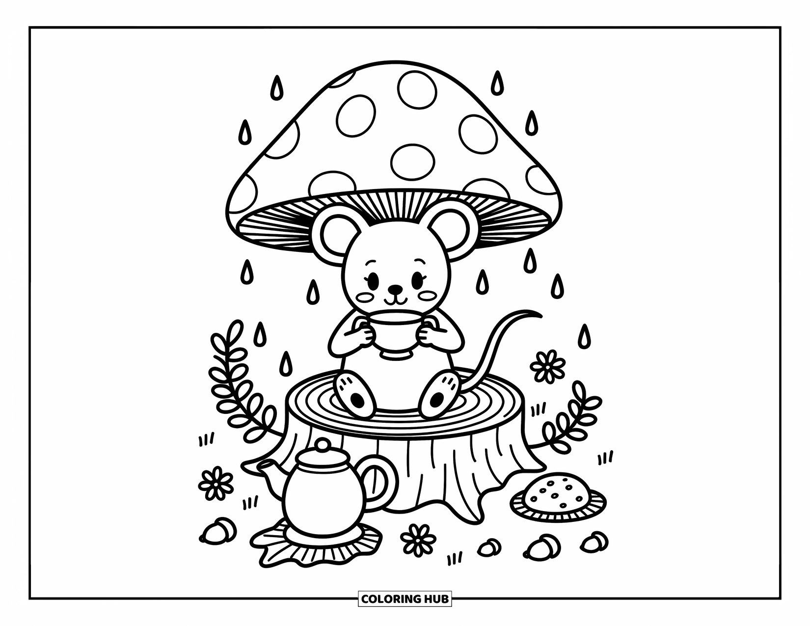 Mouse Coloring Page for Adults: A tiny mouse drinks tea under a mushroom, surrounded by biscuits and forest goodies