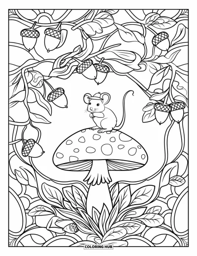 Coloriage de souris pour adultes : Une toute petite souris avec un chapeau est juchée sur un champignon parmi des lianes, des brindilles et des glands