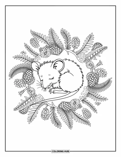 Coloriage de souris pour adultes : Une toute petite souris dort entourée d'un cercle de fougères, de fleurs et de pommes de pin