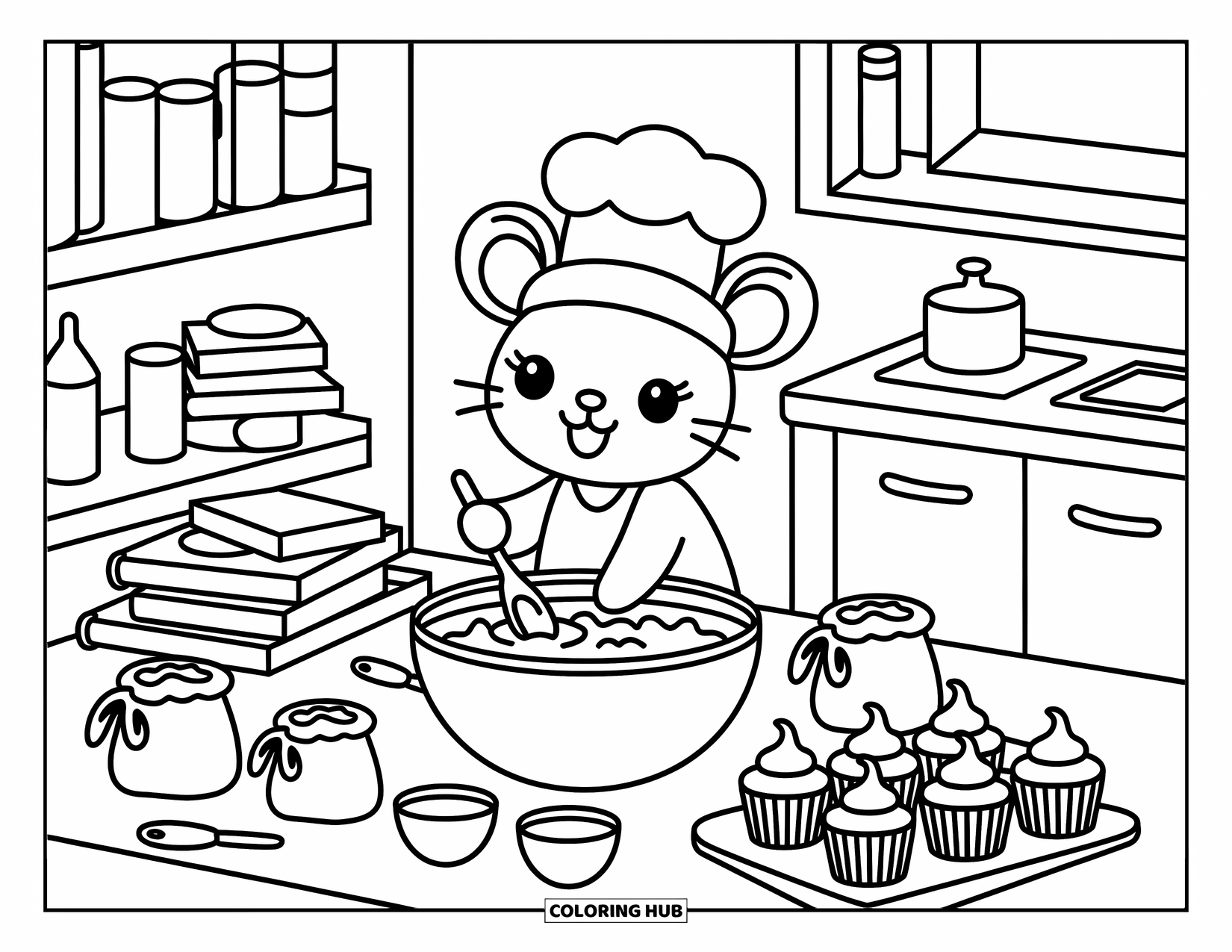 Mouse Coloring Page for Adults: A tiny mouse stirs cupcake batter from atop a stack of books in a cozy kitchen