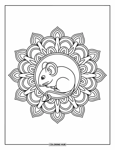 Coloriage de souris pour adultes : Une toute petite souris endormie repose au centre d'un mandala circulaire très détaillé